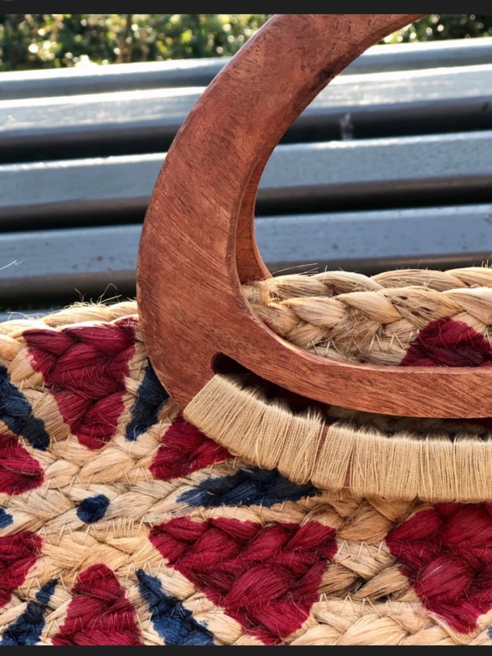 Antik Kraft Handwoven Floral Straw Raffia Jute Tote in Red, Mustard & Navy - Picture 3 of 11